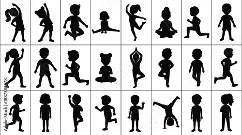 Black children silhouette vector grid showing playful kids poses yoga dance running jumping activities isolated on white background illustration