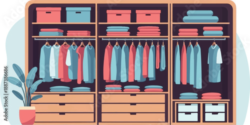 Organized closet with hanging clothes, folded stacks, and storage boxes