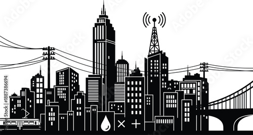 Black city skyline silhouette with power lines radio tower bridge and urban infrastructure icons modern vector illustration design graphic concept