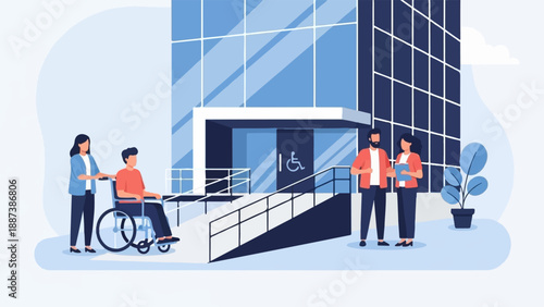 Modern building entrance with accessible ramp, people, and greenery