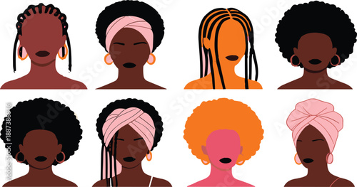 Modern Afro Woman Portrait Set with Diverse Natural Hairstyles, Headwraps and Bold Flat Female Character Illustration Vector Art