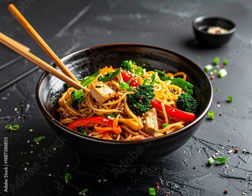 Delicious and vibrant stir-fried noodles with colorful fresh vegetables and savory tofu served in a dark bowl with chopsticks, ready to eat