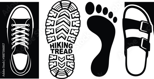 Footwear sole and footprint silhouettes set with sneaker, hiking tread and sandal isolated on white background for walking, travel, outdoor design