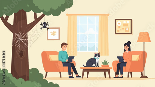 People and cat in cozy living room with tree and spider