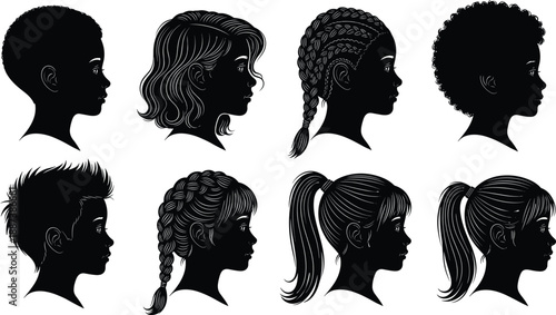 Girls and children profile silhouettes set with diverse hairstyles, braided, curly and ponytail hair, black vector collection isolated on white