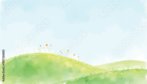 A serene watercolor painting of rolling green hills dotted with small wildflowers under a soft blue sky with wispy clouds.