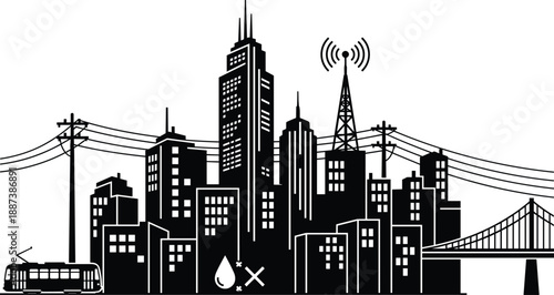 Black modern city skyline silhouette with skyscrapers power lines radio tower bridge and urban transport isolated on white background vector illustration