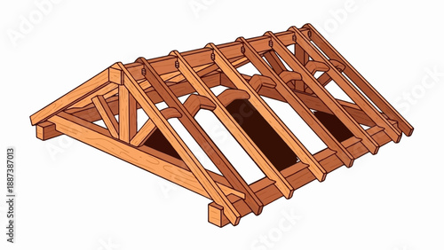 Isometric view of a wooden roof truss structure
