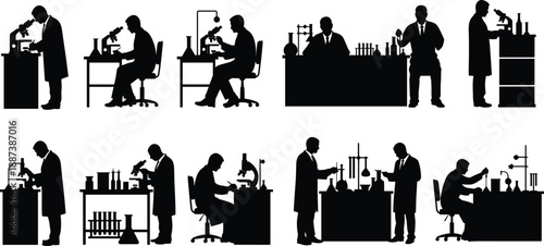 Laboratory scientist silhouettes conducting experiments with microscopes and glassware set isolated on white background representing research, chemistry, and scientific analysis concept