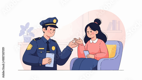 Officer speaking to seated woman holding a phone