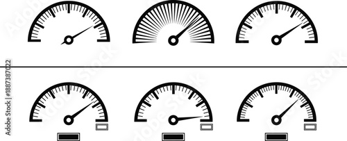 Black speedometer gauge icon set isolated on white background showing analog dashboard meters for automotive interface, performance and measurement design