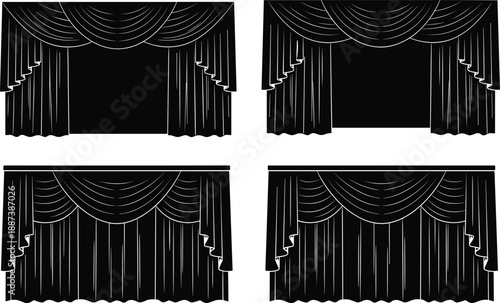Black stage curtain silhouette vector set featuring elegant theater drapery designs isolated on white background for performance backdrop