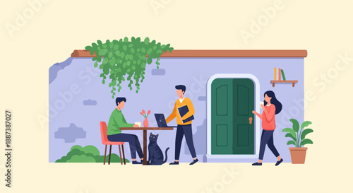 People and cat relaxing at an outdoor cafe with a door and plants