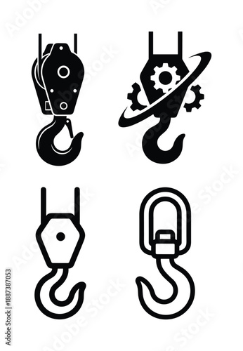 Crane Hook Icon Set Vector Illustration, Lifting Equipment and Industrial Hooks, Hoist and Safety Symbols, Black and White Design