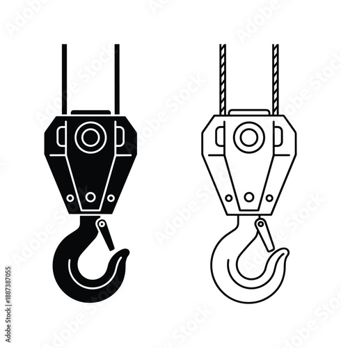 Crane hook illustration, black and outline version for industrial equipment concept