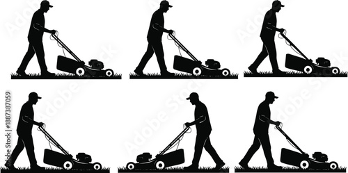 Lawn mowing worker silhouette set with push mower in different walking poses black vector illustration isolated on white background for gardening landscaping design