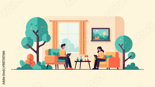 People and pet relax in a cozy room with plants and outdoor view