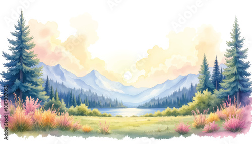 A serene watercolor landscape painting of a tranquil lake nestled between majestic snow-capped mountains, framed by lush pine forests and vibrant wildflowers under a soft, pastel sky.