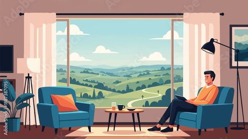 Man relaxes in armchair by large window overlooking serene green hills