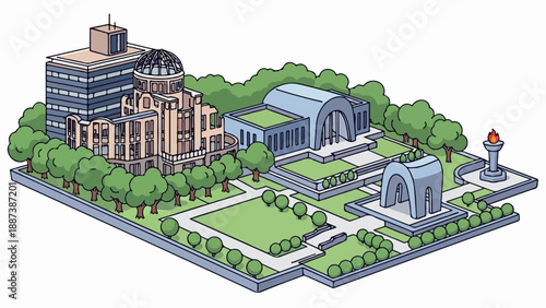 Isometric view of a complex featuring diverse architectural styles and manicured greenery