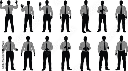 Businessman silhouette vector collection showing professional male office worker gestures standing poses and communication actions isolated on white background illustration