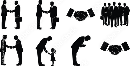 Business handshake silhouettes set showing professional agreement, respect greeting, teamwork and partnership concepts, minimal black vector illustration isolated on white background