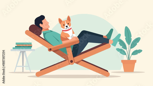 Man relaxing on a deck chair with his dog, near books and a plant