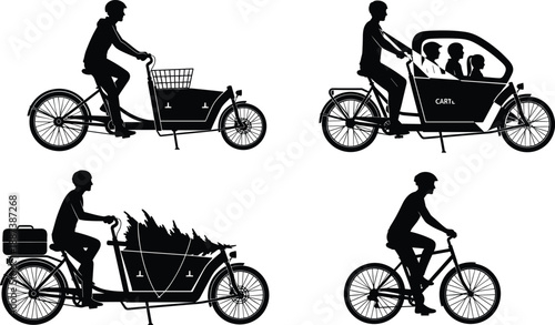 Cargo bike silhouettes set showing delivery family transport and cycling black vector illustration isolated on white background urban mobility
