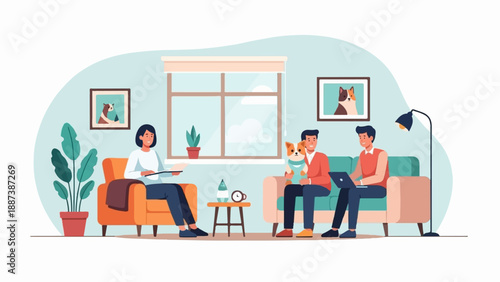 People and pet relaxing in a modern, light-filled living room