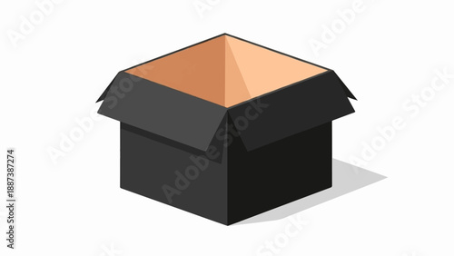 Open black cube-shaped box with tan interior and shadow on white background
