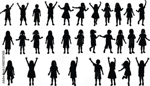 Children silhouettes set showing playful jumping, running, and happy poses isolated on white background representing childhood activity, fun, and diversity illustration