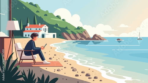 Man sits on chair at beach, using phone, overlooking sea and hills
