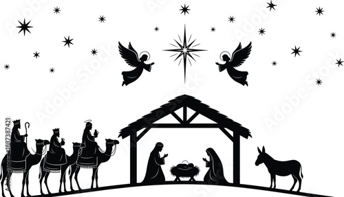Christmas nativity scene silhouette with holy family three wise men angels star and manger black vector illustration isolated on white background