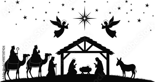 Christmas nativity silhouette scene with holy family three wise men angels star of Bethlehem and manger black vector illustration isolated on white background