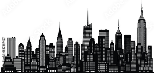 New York City skyline silhouette illustration with iconic skyscrapers, modern urban architecture, detailed downtown panorama, and classic black and white cityscape design