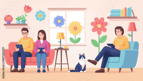People and pet relaxing indoors with books, plants and technology