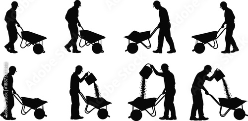 Construction worker silhouettes pushing wheelbarrow and pouring materials set isolated on white background for industrial labor concepts illustration