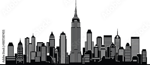 New York City skyline silhouette with iconic skyscrapers and urban architecture isolated on white background representing modern metropolitan cityscape illustration