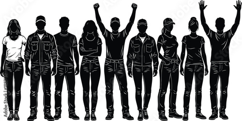 People silhouettes illustration showing diverse men and women standing together with raised hands, unity, teamwork, celebration and protest concepts