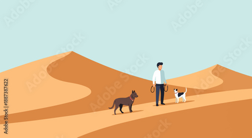 Man walks two dogs across sand dunes under a clear sky