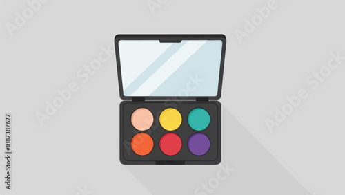 Open makeup palette with six colorful circular shadows and a mirror