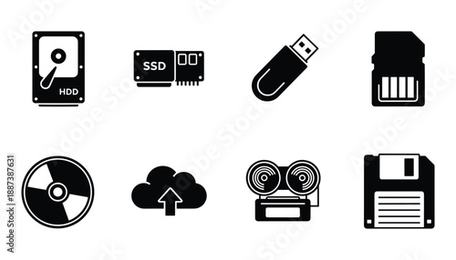 Data storage devices icons, HDD, SSD, USB drive, SD card, CD disc, cloud storage, tape recorder, and floppy disk icons