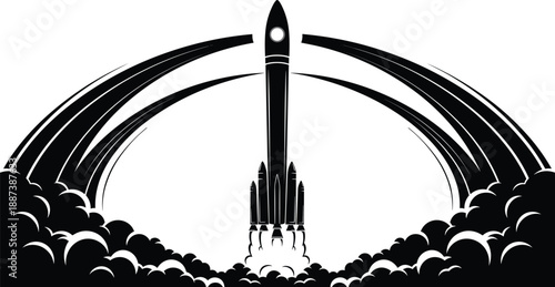 Rocket launch silhouette with smoke clouds and curved trajectories black vector illustration isolated on white background for space exploration technology concept