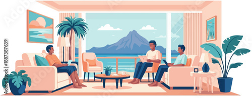 Men relaxing in a room with a scenic view of mountains and ocean