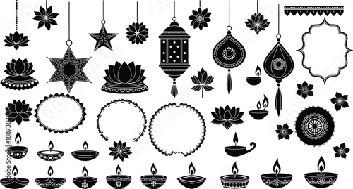 Diwali festival decorative elements set with lamps, lotus flowers, hanging ornaments and frames isolated on white background for Indian celebration design