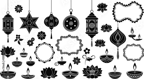 Diwali festival decorative icon set with hanging lanterns, lotus flowers, oil lamps, and ornate frames isolated on white background illustration
