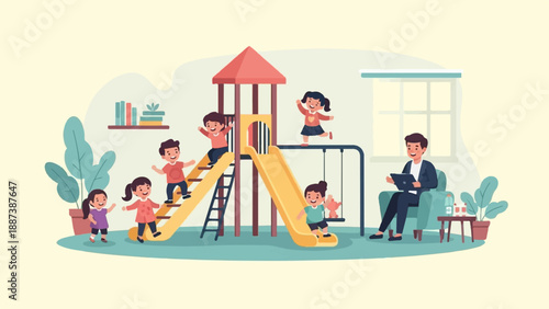 Happy children playing on a colorful playground while an adult watches on a tablet