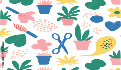 Playful abstract gardening elements seamless pattern with plants, flowers, scissors, and organic shapes, modern vector illustration