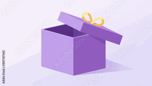 Open purple gift box with yellow ribbon on a light purple background
