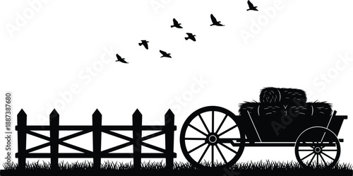 Rural farm landscape silhouette with hay cart wooden fence flying birds black vector illustration isolated on white background countryside design